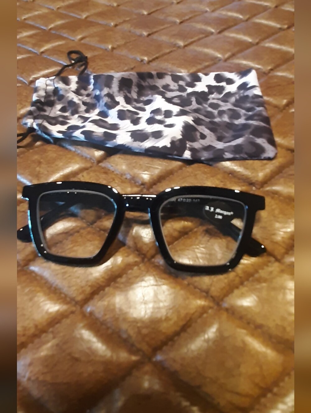 A.J. Morgan Black Square Frame Reading Glasses with Leopard Microfiber Pouch
